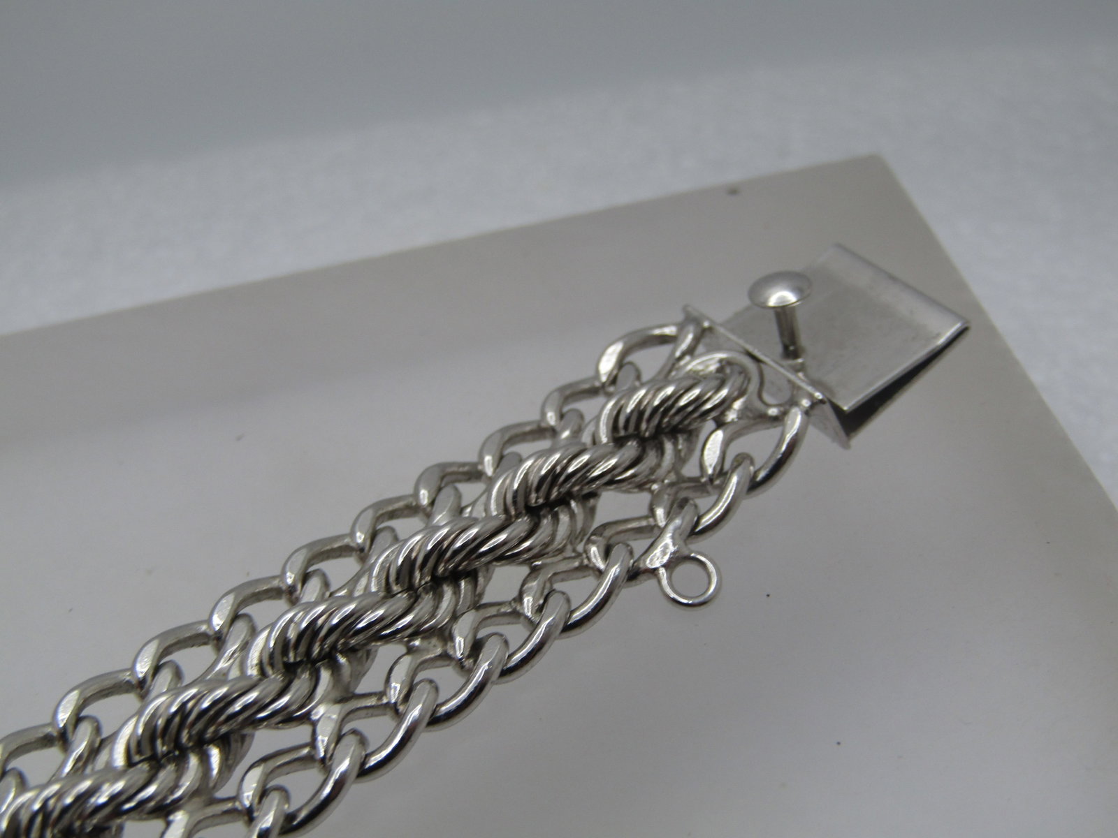 Vintage Sterling Wide Bracelet, Signed, 7.5", 1970's-1980's, Safety Chain - 3