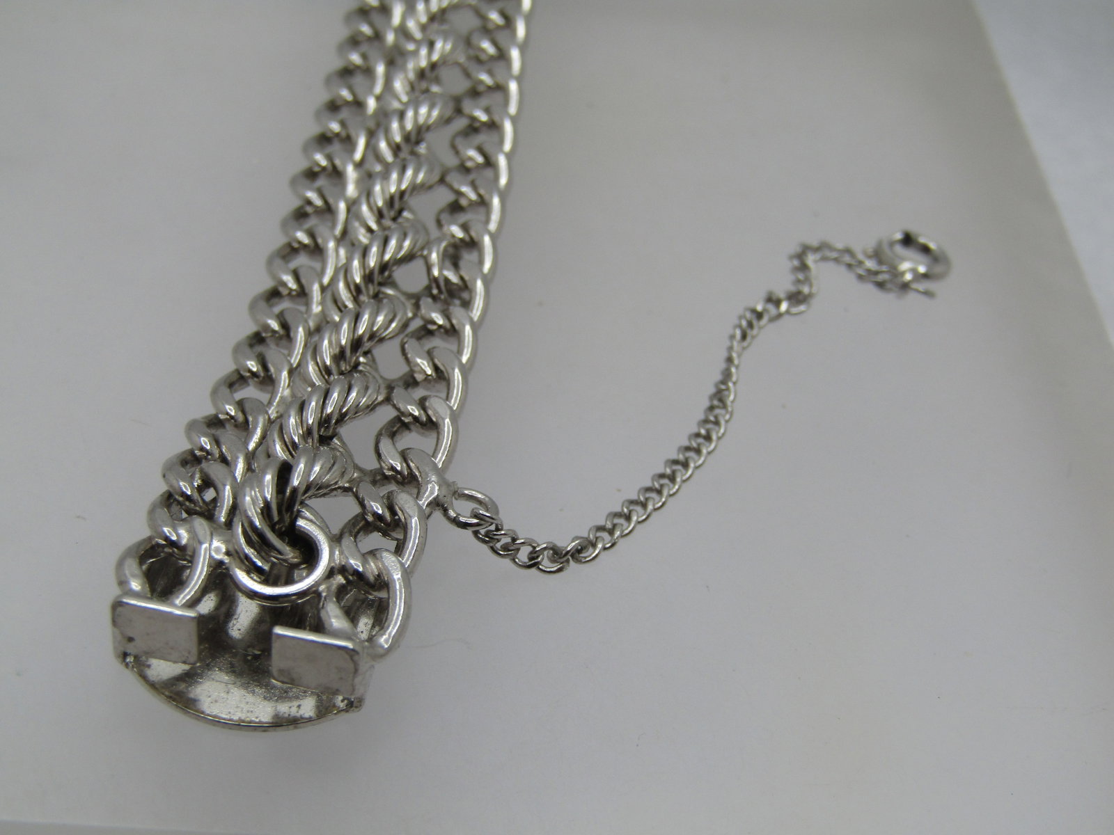 Vintage Sterling Wide Bracelet, Signed, 7.5", 1970's-1980's, Safety Chain - 4