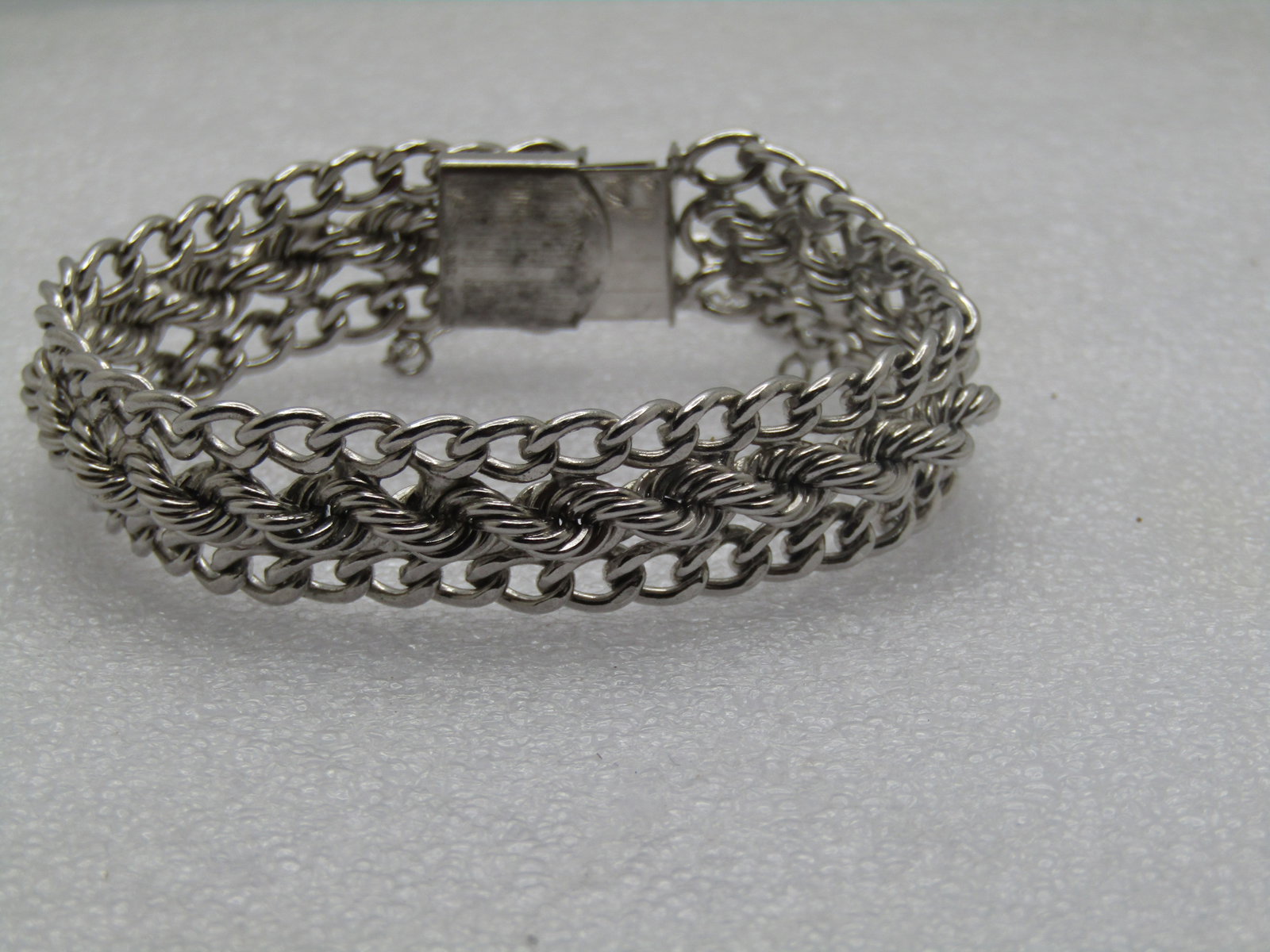 Vintage Sterling Wide Bracelet, Signed, 7.5", 1970's-1980's, Safety Chain - 5