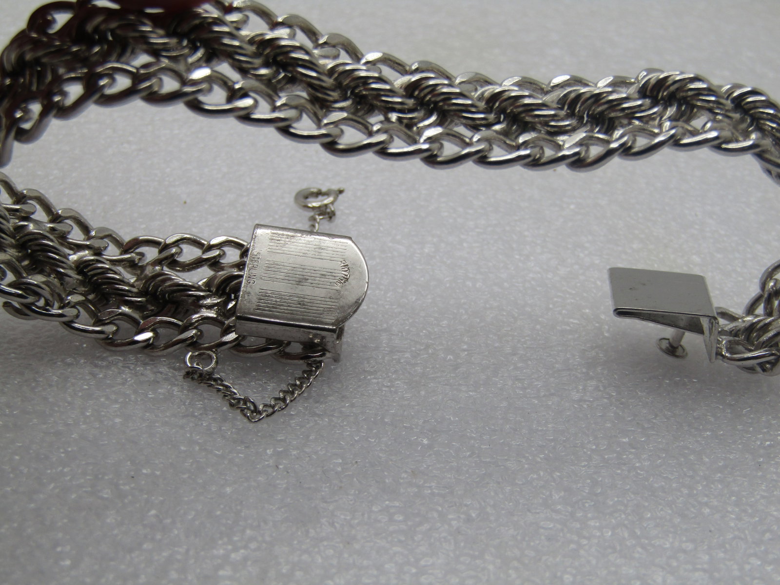 Vintage Sterling Wide Bracelet, Signed, 7.5", 1970's-1980's, Safety Chain - 6