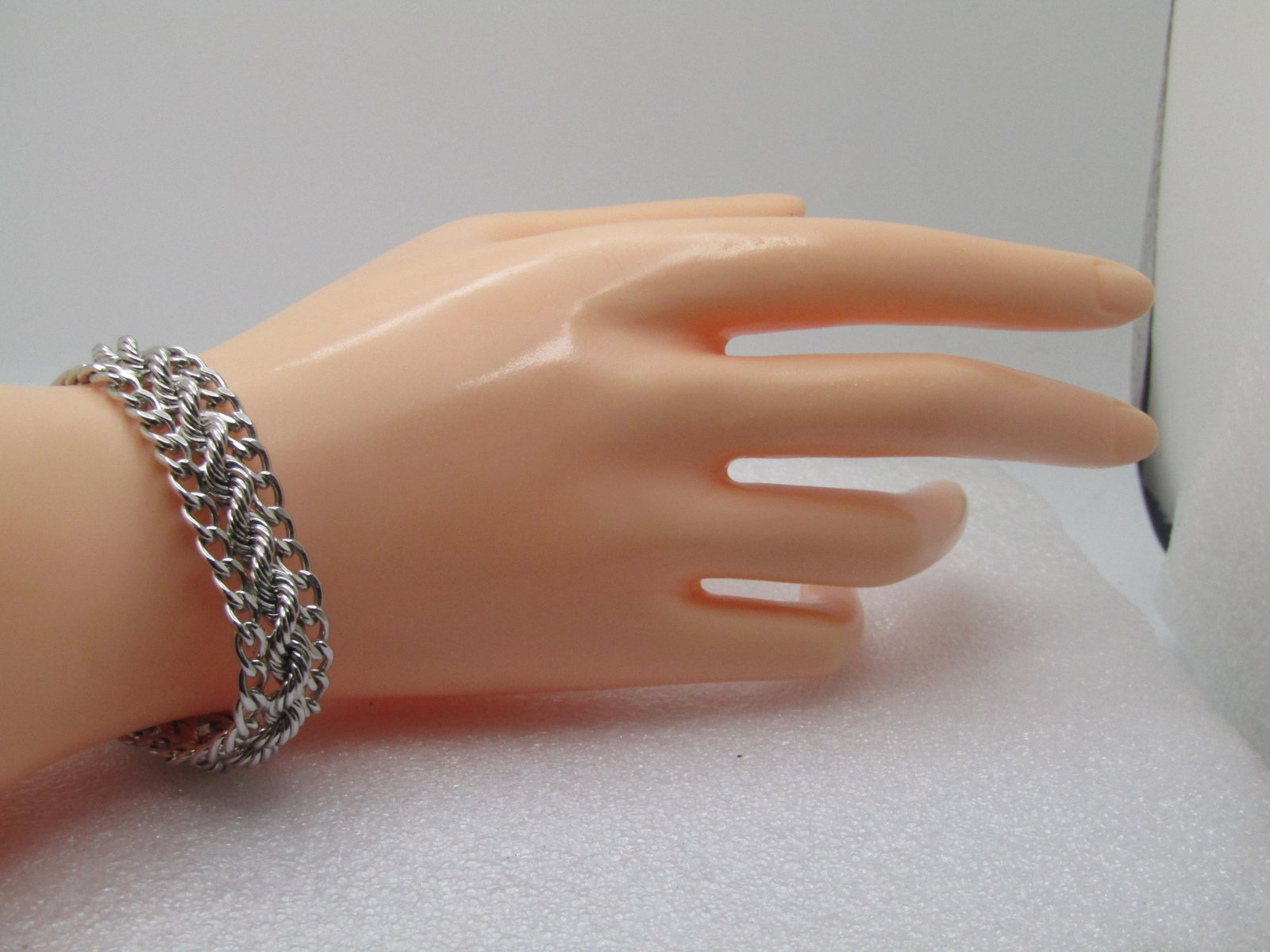Vintage Sterling Wide Bracelet, Signed, 7.5", 1970's-1980's, Safety Chain - 7