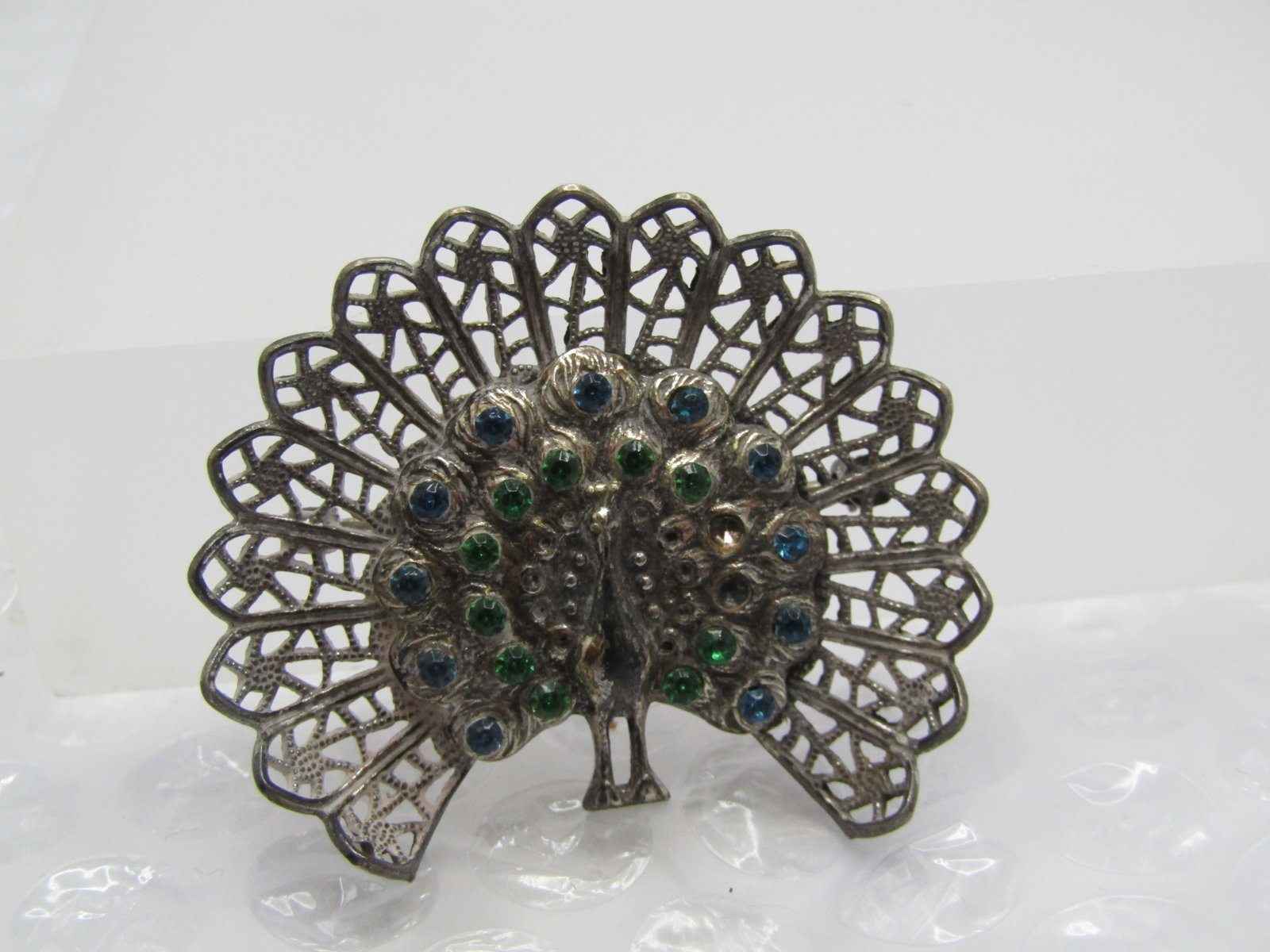 Vintage Silver Filigree Rhinestone Peacock Brooch, 1940's - 3