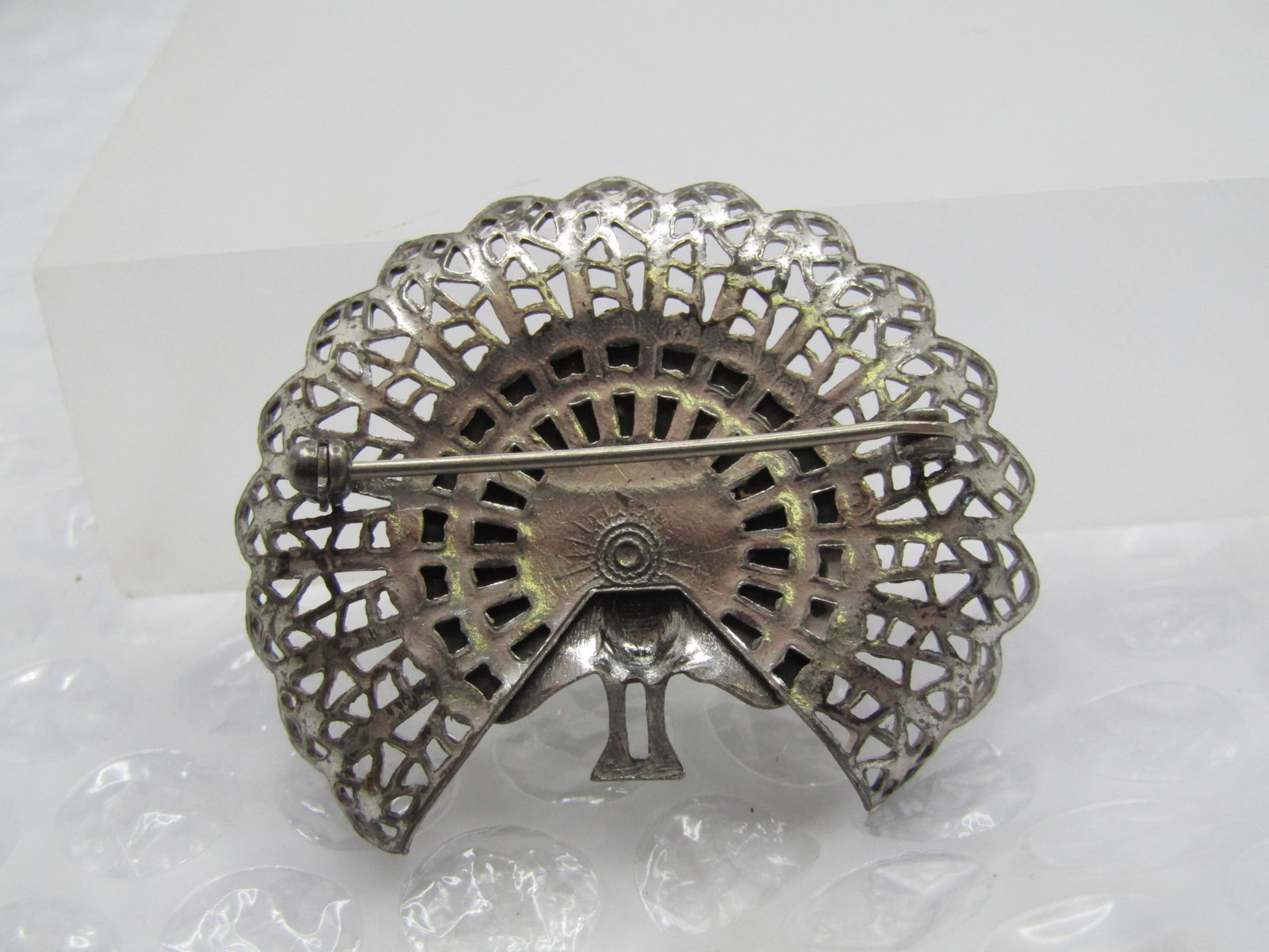 Vintage Silver Filigree Rhinestone Peacock Brooch, 1940's - 4