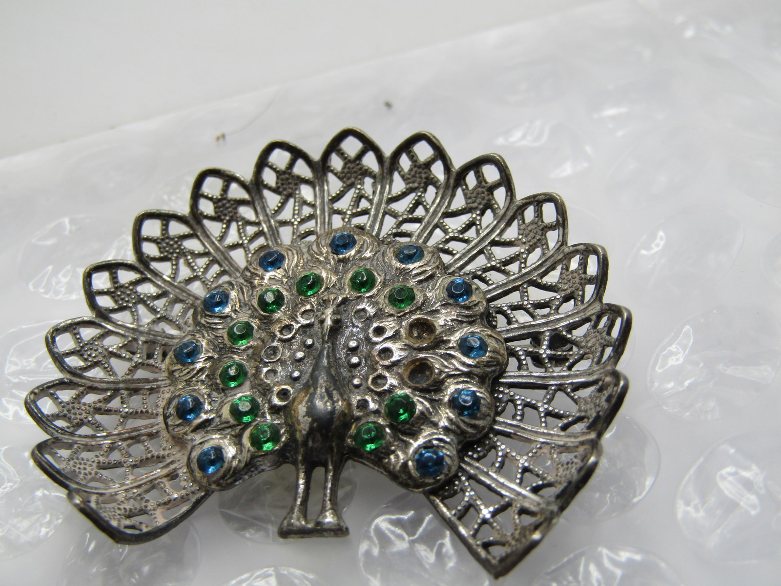 Vintage Silver Filigree Rhinestone Peacock Brooch, 1940's - 5