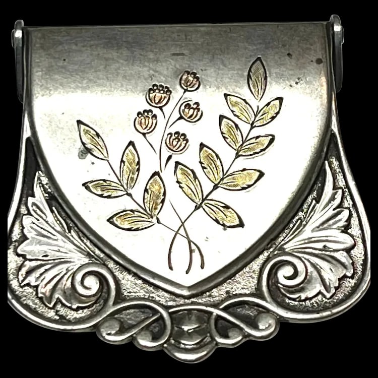 Vintage Sterling Silver Buckle with Floral Inlay/Detail: Title: Vintage Sterling Silver Buckle with Floral Inlay/Detail Description: Vintage Sterling Silver Buckle with Floral Inlay/Detail. Hallmarked Sterling. Weighs 11.9 grams. Measures Approx. 1.25 x 1.2