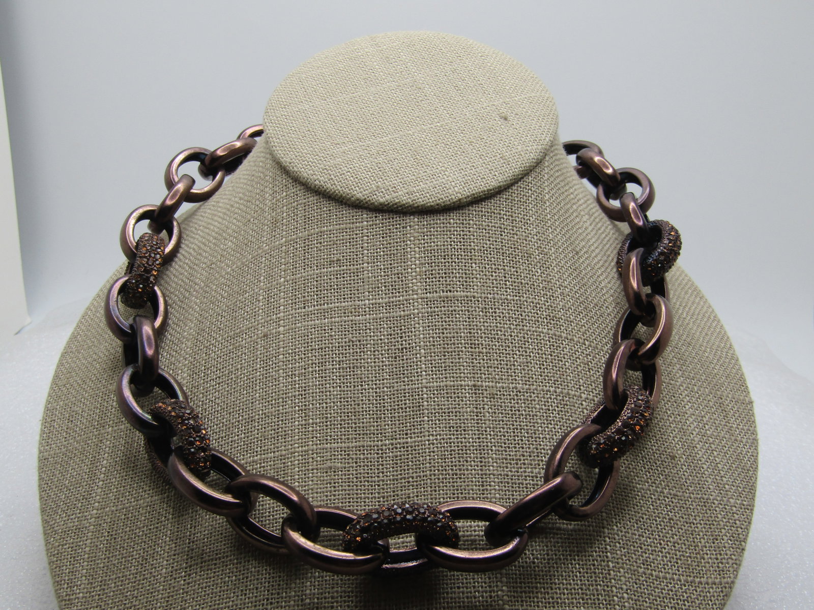 Brown Metallic Link Necklace/Bracelet, Rhinestones, Coldwater Creek, 1990's: Title: Brown Metallic Link Necklace/Bracelet, Rhinestones, Coldwater Creek, 1990's Description: Brown Metallic Link Necklace/Bracelet, Rhinestones, Coldwater Creek, 1990's, 22" necklace and 8" toggle