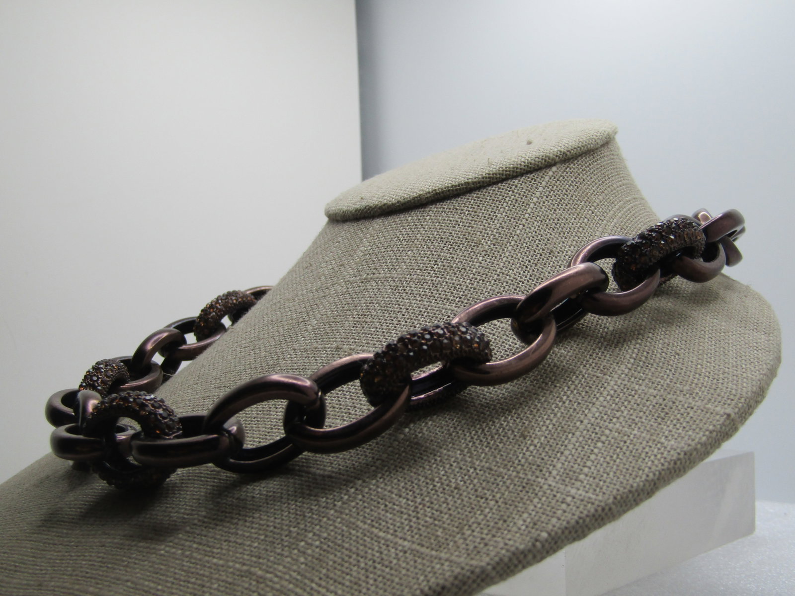 Brown Metallic Link Necklace/Bracelet, Rhinestones, Coldwater Creek, 1990's - 3