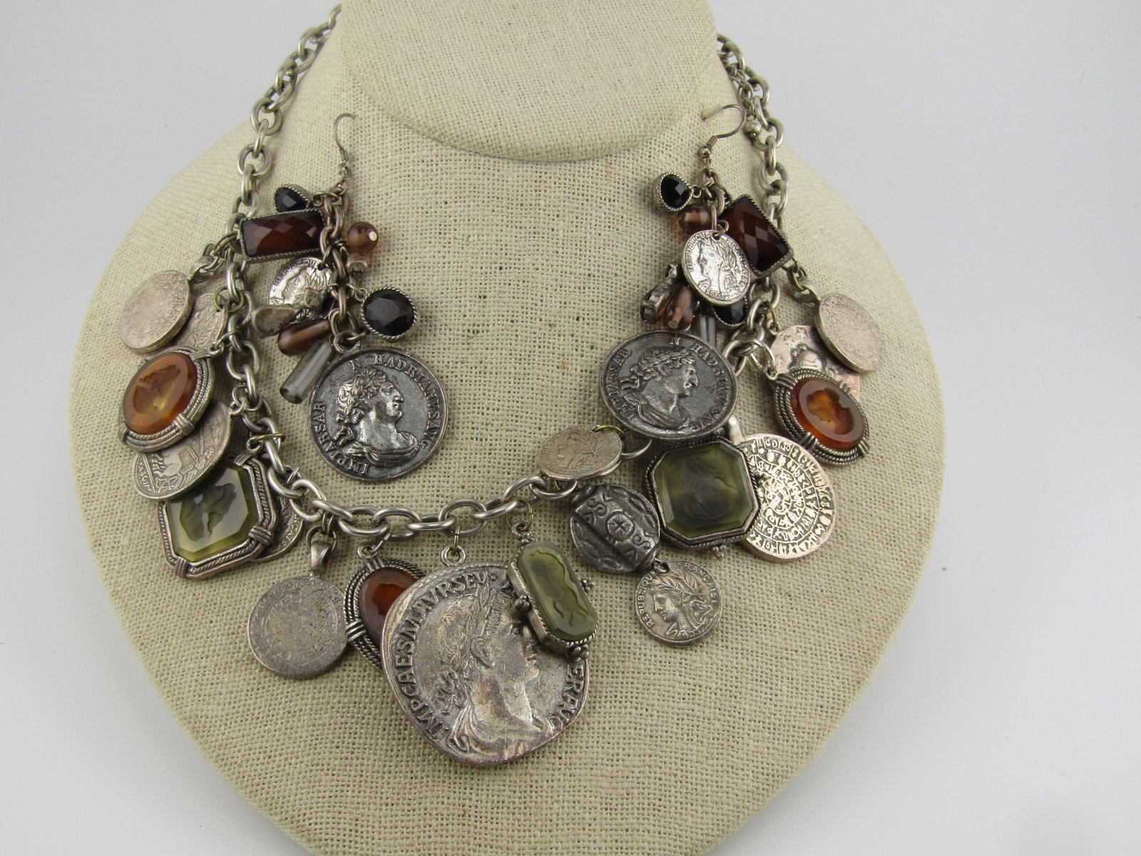 Vintage Faux Roman Coin and Cameo Necklace & Earrings, Chunky, 16"-19"1980's-1990's - 2