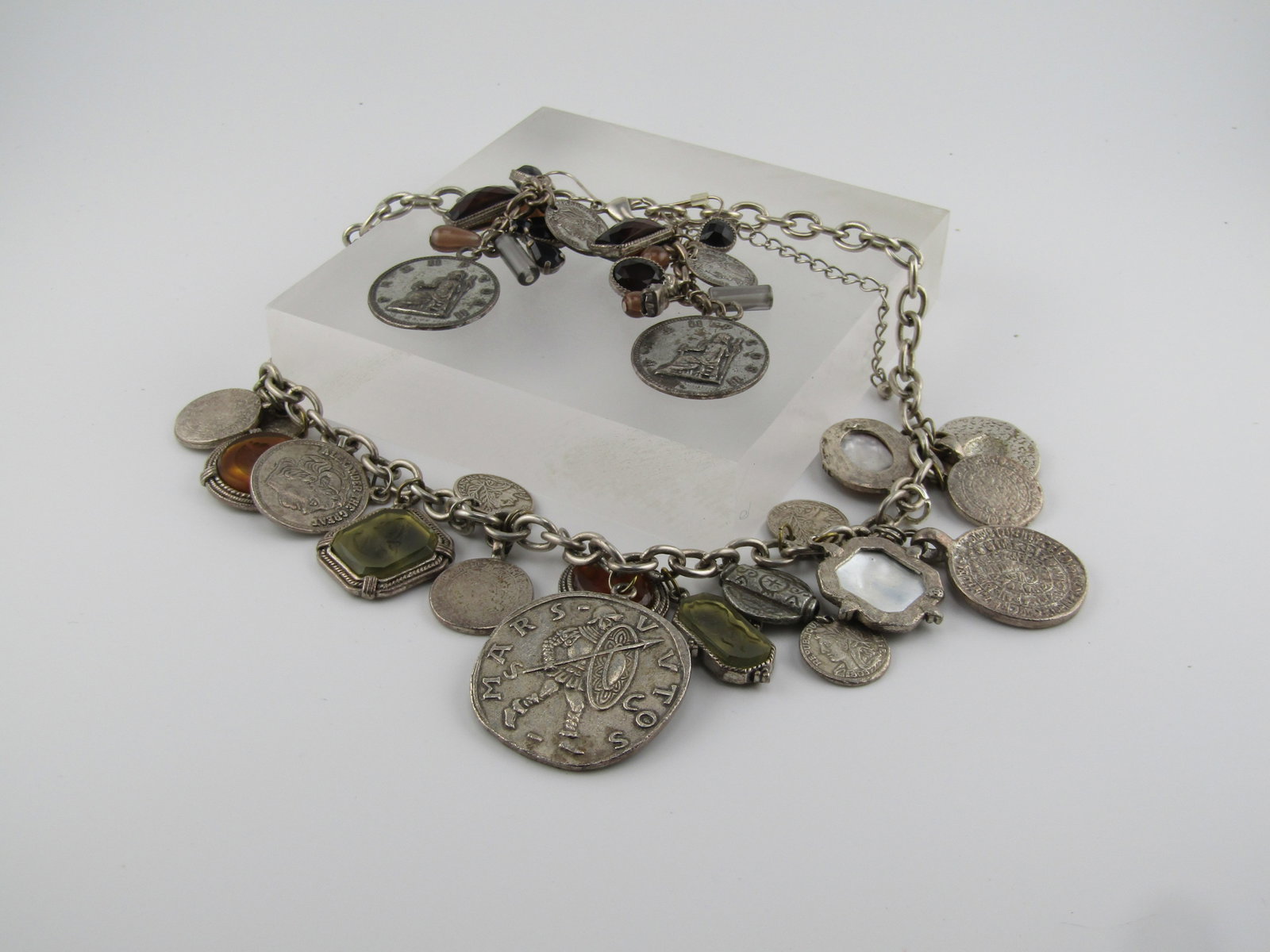 Vintage Faux Roman Coin and Cameo Necklace & Earrings, Chunky, 16"-19"1980's-1990's - 5