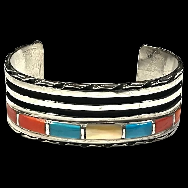 Vintage Zuni Sterling Silver Turquoise, Coral, and Shell Channel Inlay Cuff/ Bracelet (1 of 8)