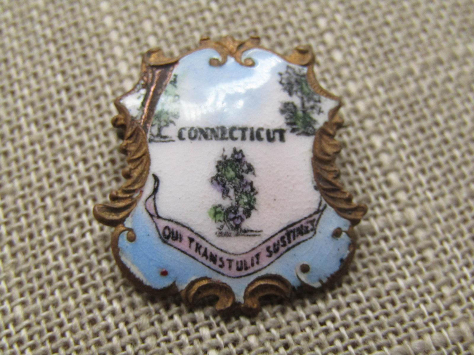 Vintage Enameled Connecticut Crest Brooch, C-Clasp. Antique: Title: Vintage Enameled Connecticut Crest Brooch, C-Clasp. Antique Description: Vintage Enameled Connecticut Crest Brooch, Antique 1800's to early 1900's QUI TRANSTULIT SUSTINET brooch (he who is tran