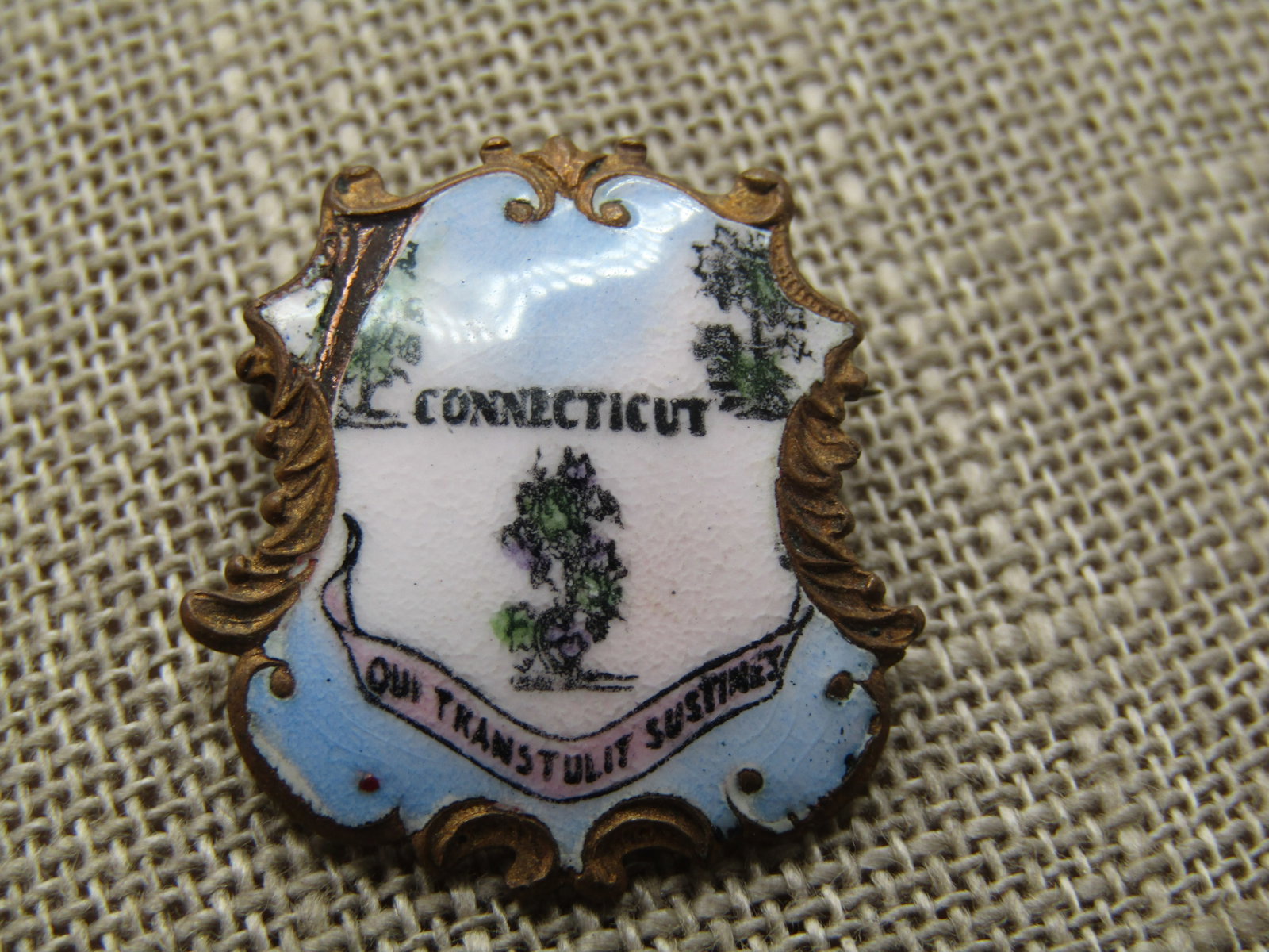 Vintage Enameled Connecticut Crest Brooch, C-Clasp. Antique - 3