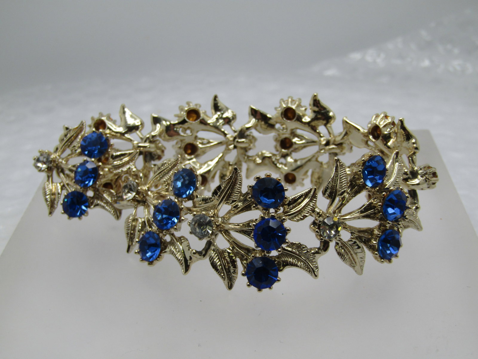 Vintage Blue & Clear Rhinestone Leaf Bracelet, Mid-Century, 7.5" - 2