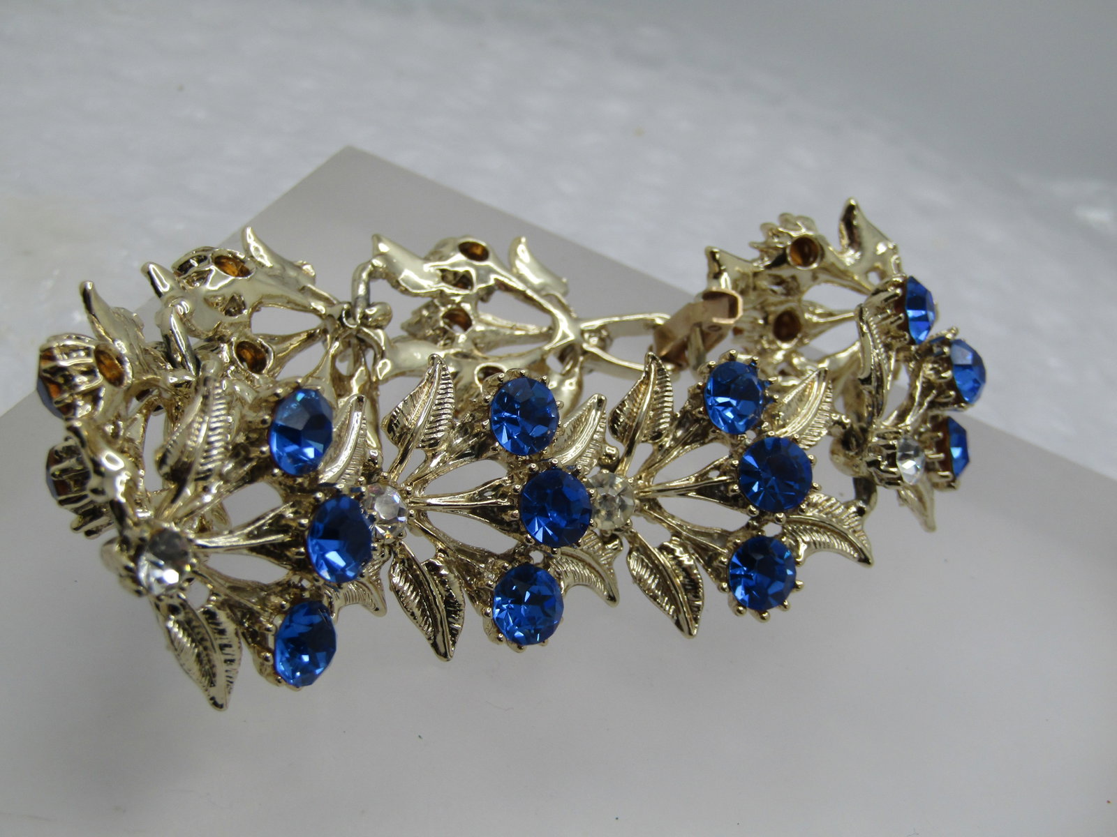 Vintage Blue & Clear Rhinestone Leaf Bracelet, Mid-Century, 7.5" - 3