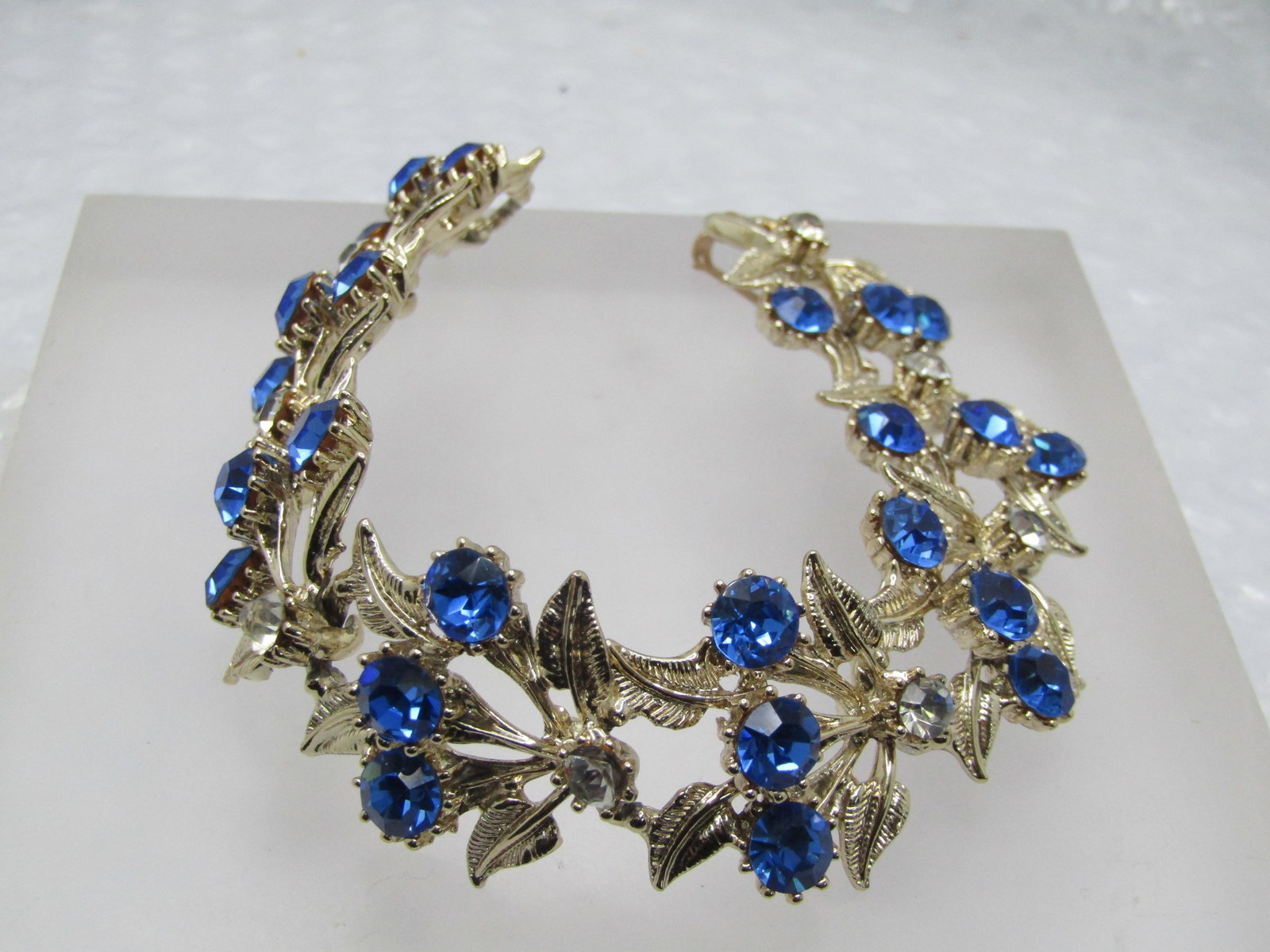 Vintage Blue & Clear Rhinestone Leaf Bracelet, Mid-Century, 7.5" - 4