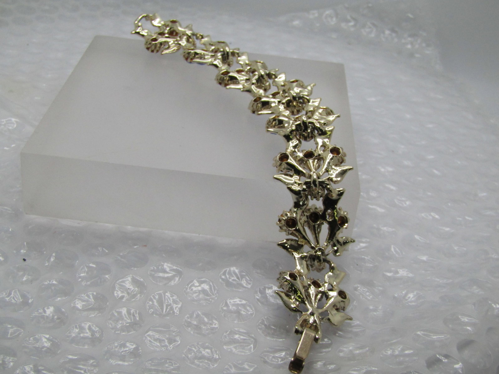 Vintage Blue & Clear Rhinestone Leaf Bracelet, Mid-Century, 7.5" - 5