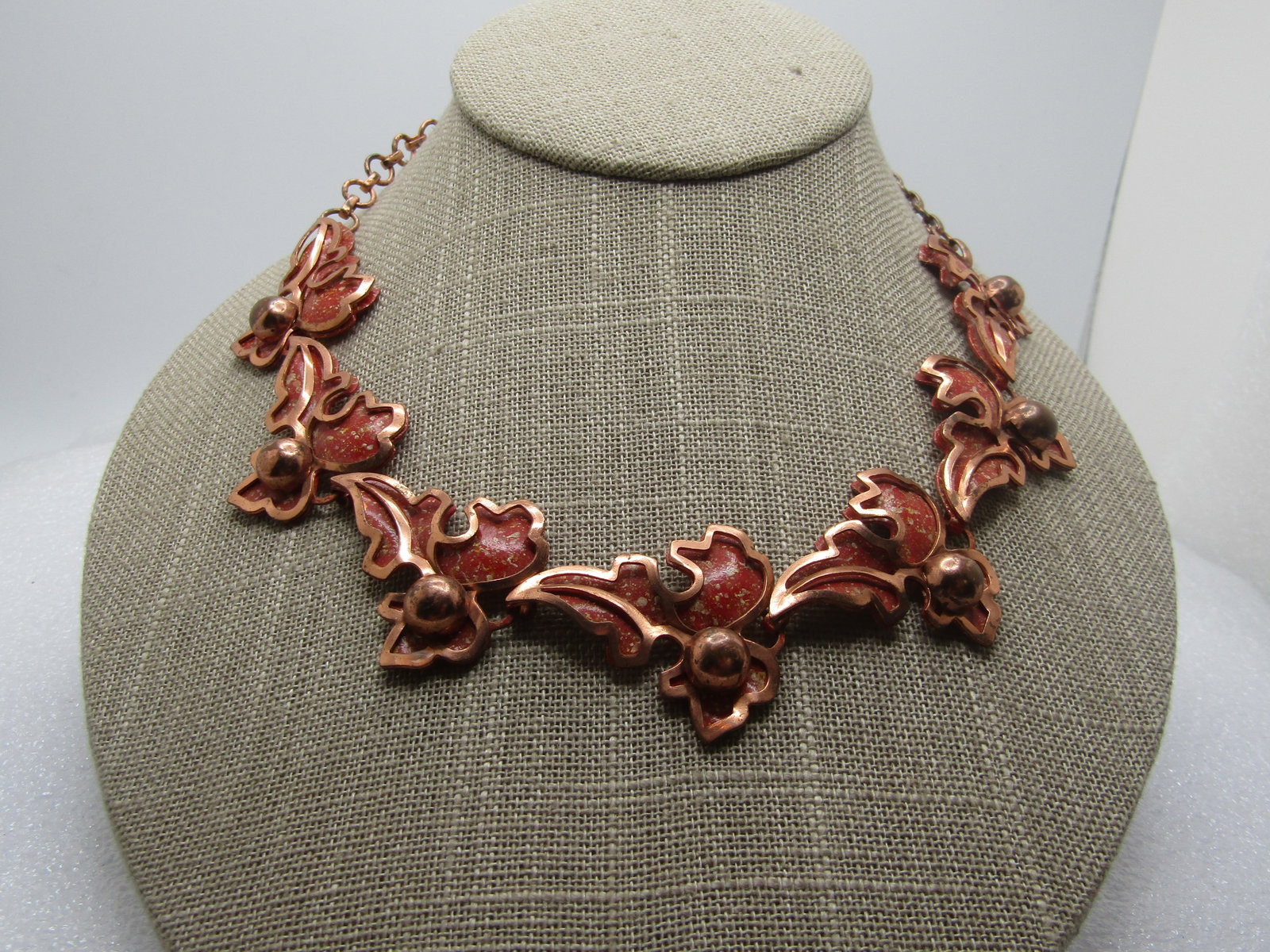 Vintage Copper Layered Leaf Necklace 17", Enameled Layer, 1940's (1 of 5)