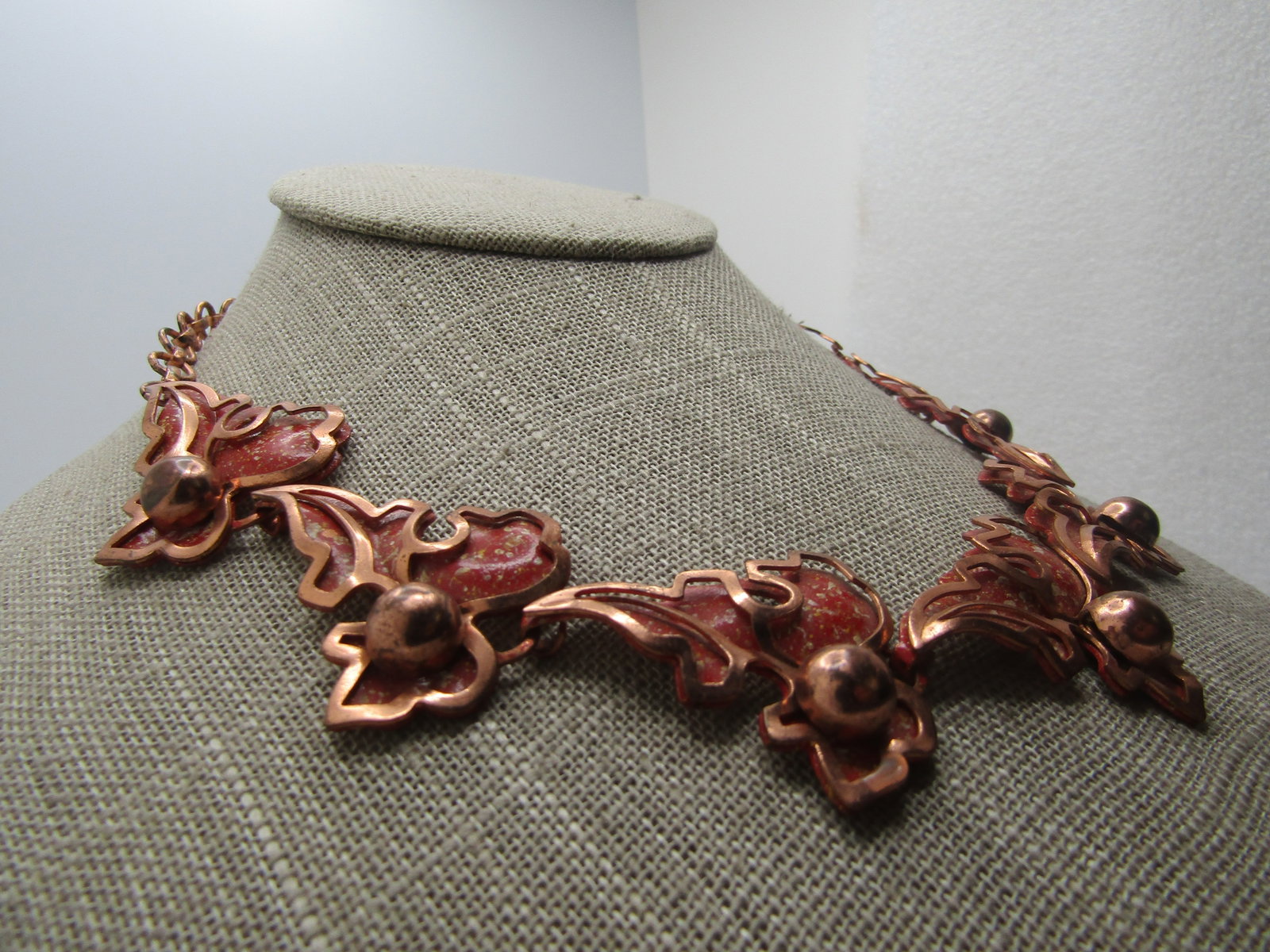 Vintage Copper Layered Leaf Necklace 17", Enameled Layer, 1940's - 2