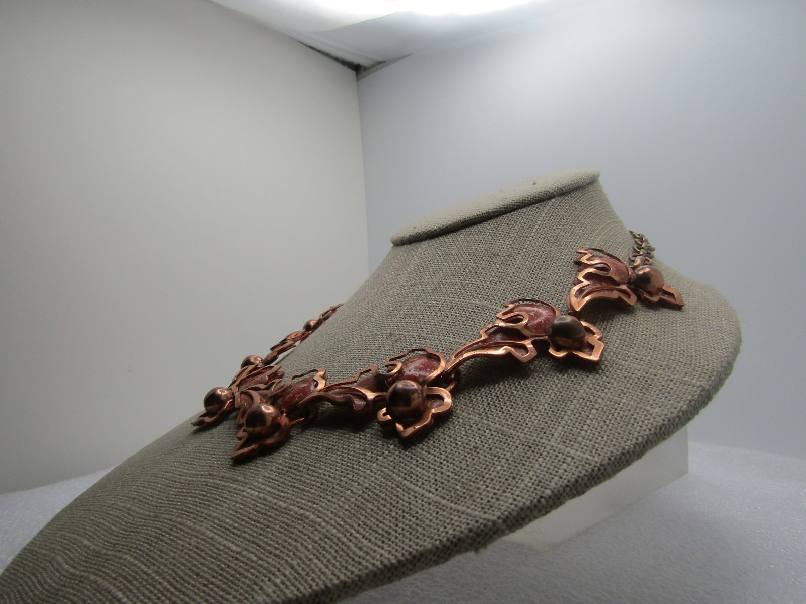 Vintage Copper Layered Leaf Necklace 17", Enameled Layer, 1940's - 3