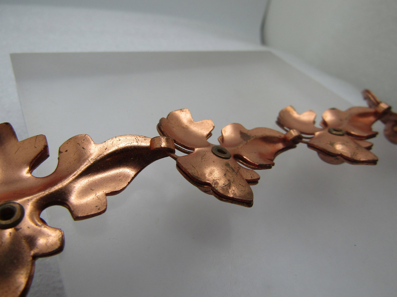 Vintage Copper Layered Leaf Necklace 17", Enameled Layer, 1940's - 5