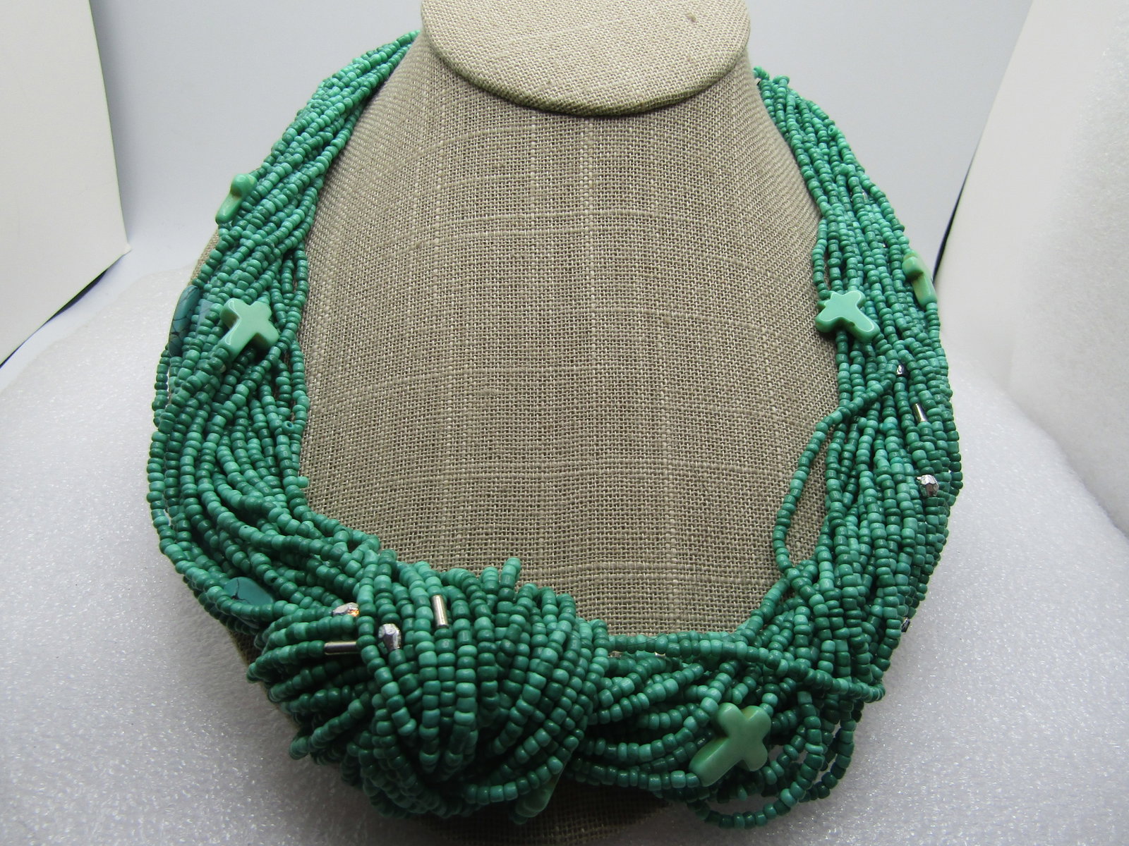 Vintage Turquoise Seed Bead & Cross Necklace, 23", 1980's (1 of 6)