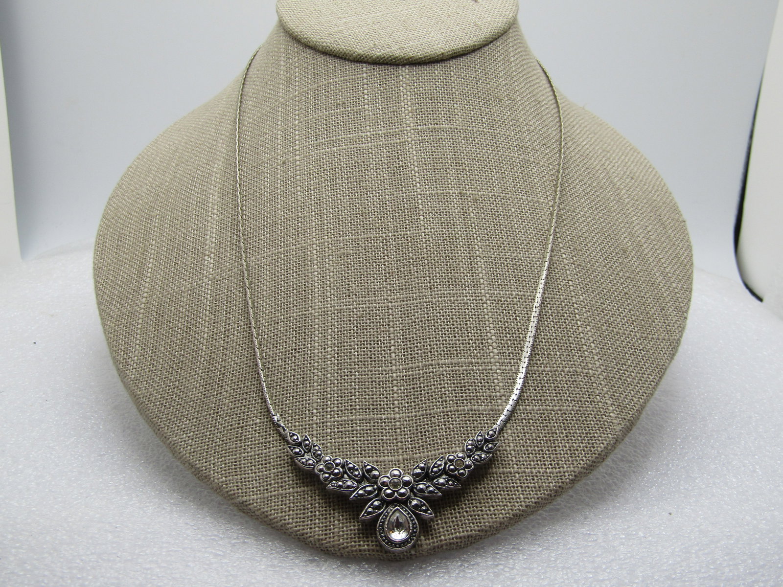 Vintage Faux Marcasite & Rhinestone Floral Necklace, 18.5", 1980's-1990's: Title: Vintage Faux Marcasite & Rhinestone Floral Necklace, 18.5", 1980's-1990's Description: Vintage Faux Marcasite & Rhinestone Floral Necklace, 18.5". This has a curved design at from with a pear-s