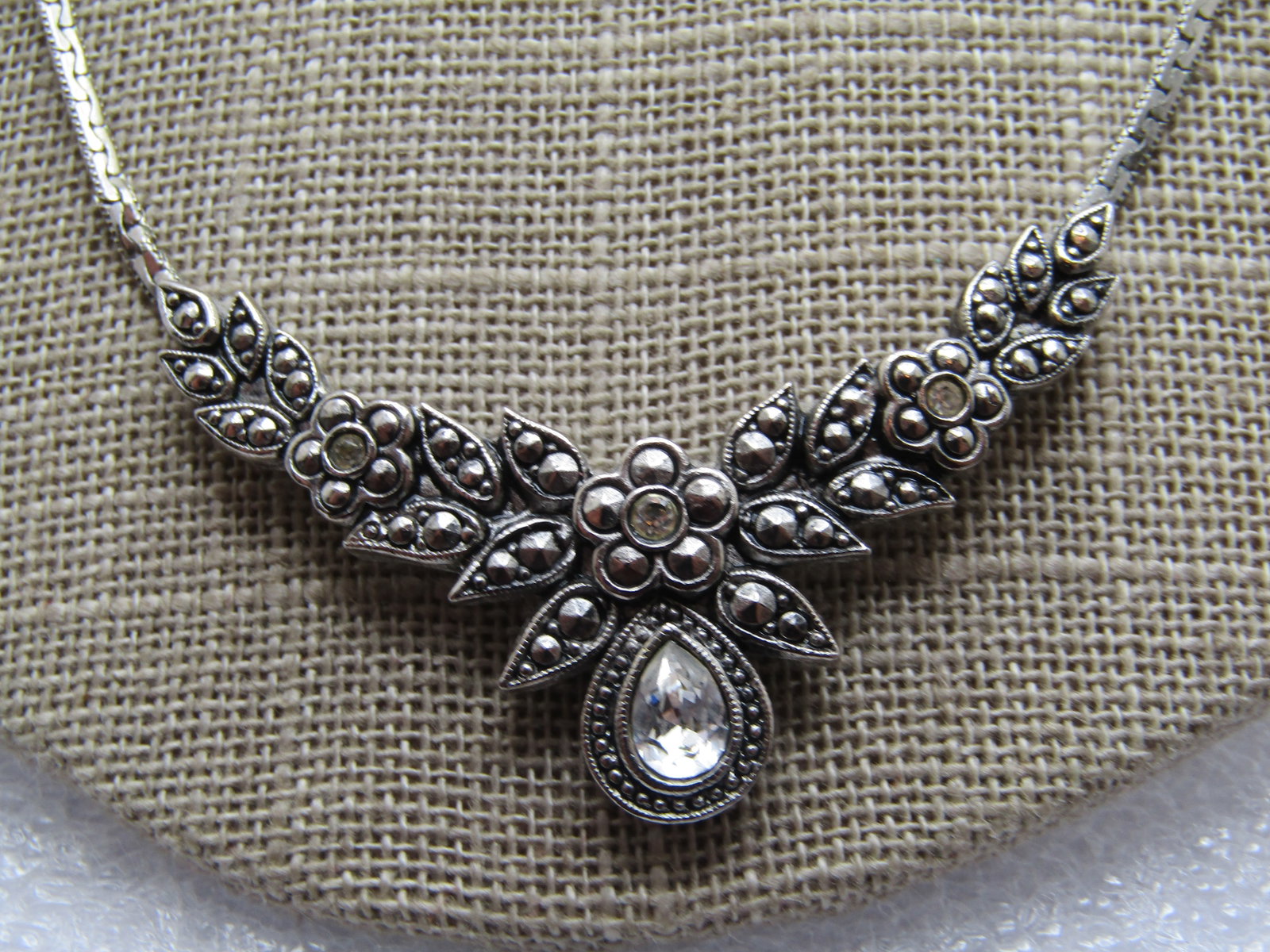 Vintage Faux Marcasite & Rhinestone Floral Necklace, 18.5", 1980's-1990's - 2