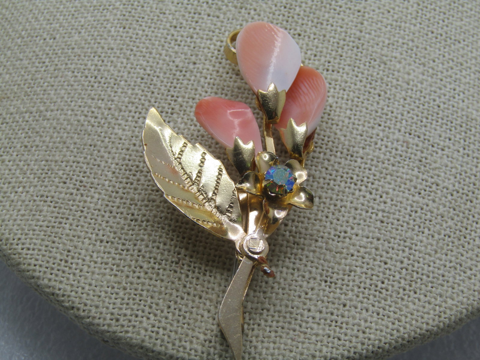 Vintage Shell & Rhinestone Stem Brooch, 1960's-1970's, 2" - 2