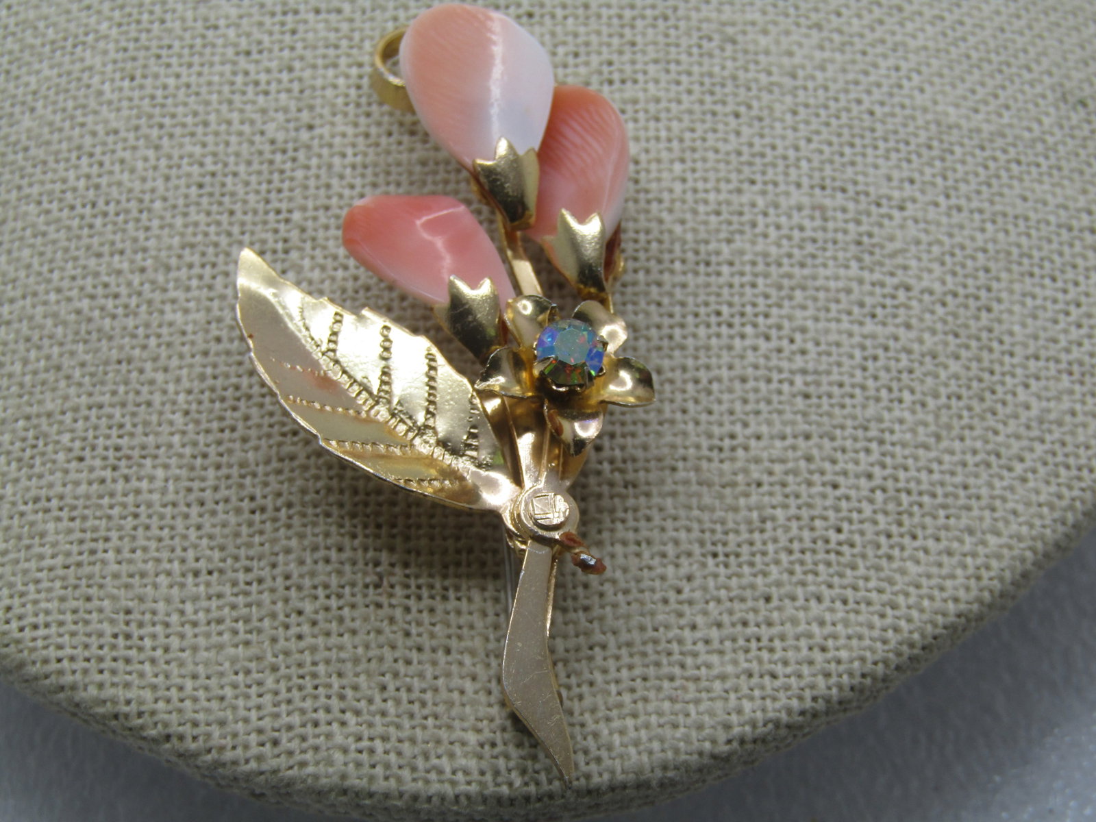 Vintage Shell & Rhinestone Stem Brooch, 1960's-1970's, 2" - 3