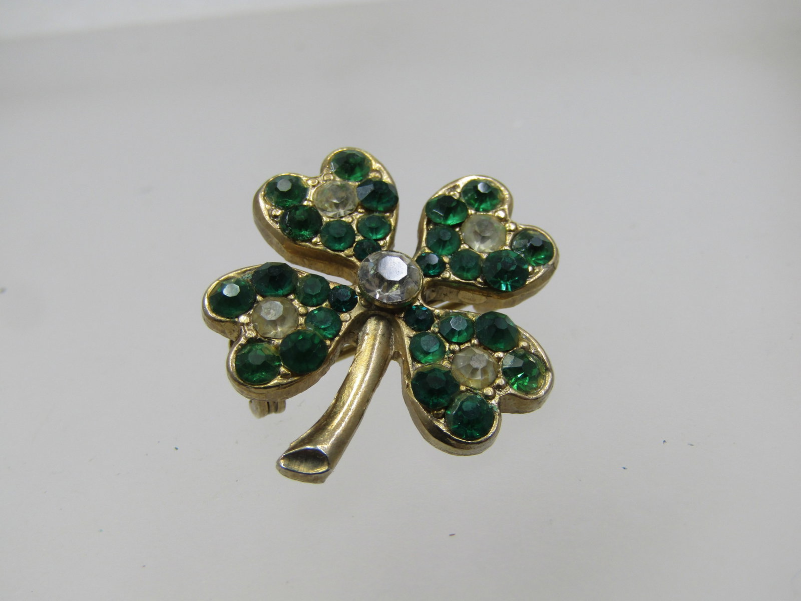 Vintage Green & Clear Rhinestone Shamrock Brooch, 1940's-1950's - 2