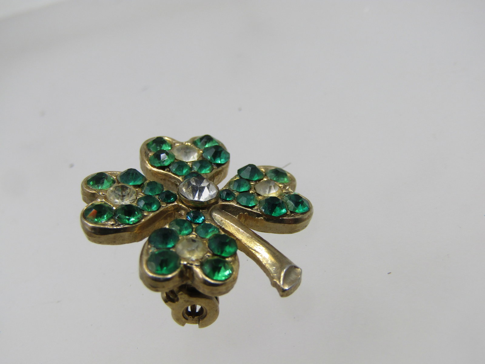 Vintage Green & Clear Rhinestone Shamrock Brooch, 1940's-1950's - 3