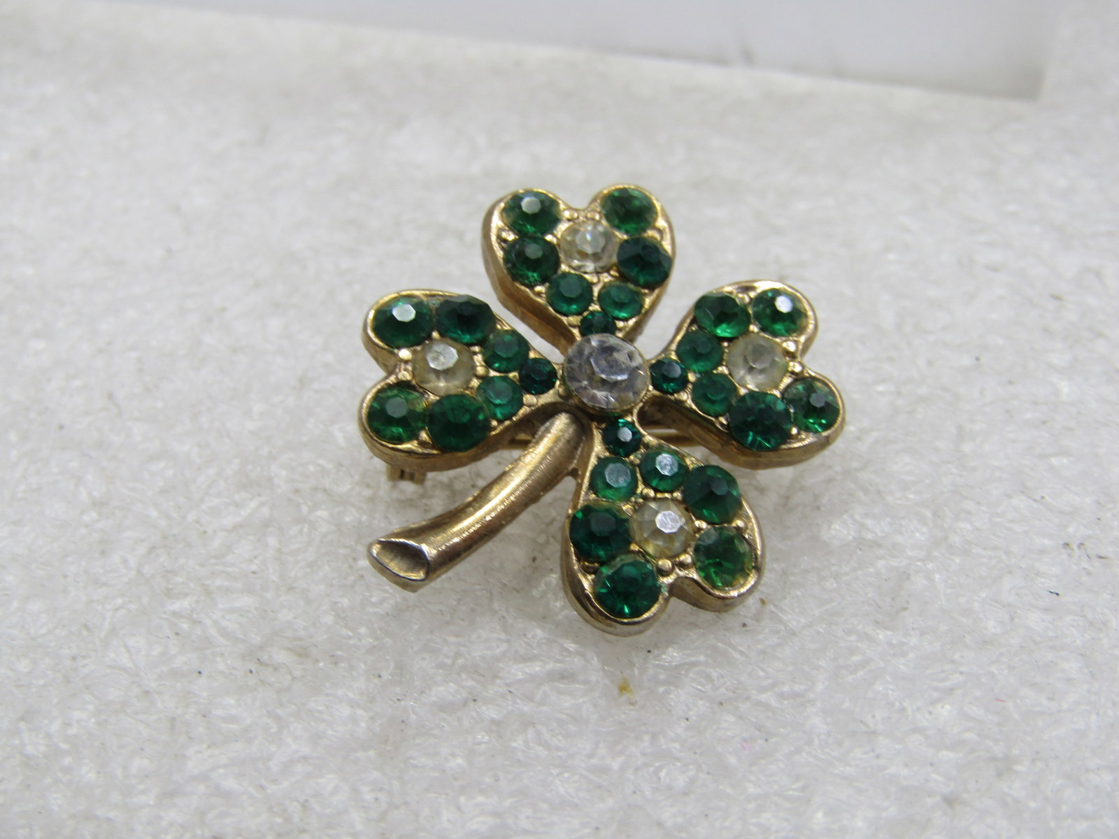 Vintage Green & Clear Rhinestone Shamrock Brooch, 1940's-1950's - 5