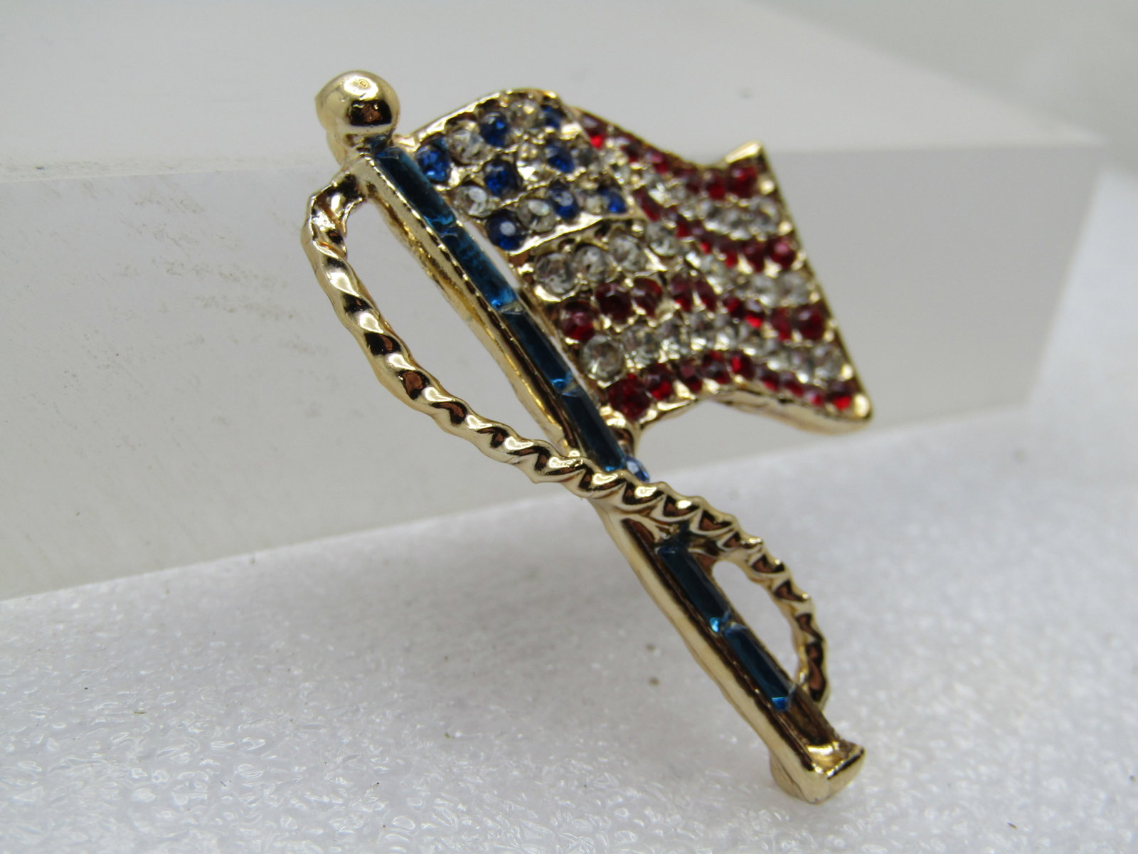 Vintage Red, White, Blue Rhinestone Flag Brooch 1980's - 2