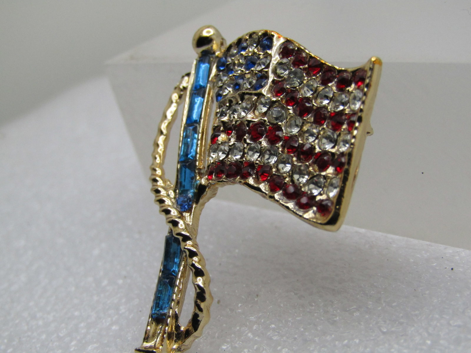 Vintage Red, White, Blue Rhinestone Flag Brooch 1980's - 3