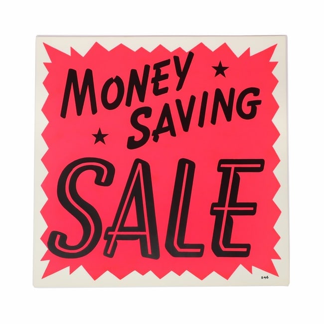 1960s Screen Printed "Money Saving Sale" Trade Sign: A charming screen-printed trade sign in the style of hand-painted grocery store advertising/trade signs. Reads "Money Saving SALE" in black and day-glow pink on white paper. In very good, unused condi