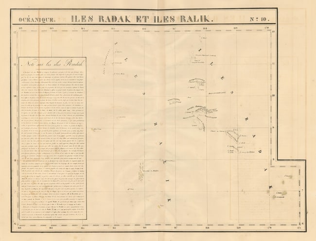 Océanique. Iles Radak et Iles Ralik #10. Marshall Islands. VANDERMAELEN 1827 map: Title: Océanique. Iles Radak et Iles Ralik #10. Marshall Islands. VANDERMAELEN 1827 mapDescription: Océanique - Iles Radak et Iles Ralik [Note sur les îles Radak] - No. 10. The Ralik and Ratak chai