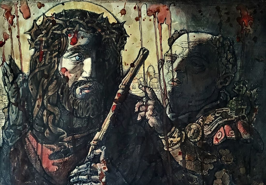 Ink painting Christ before Pilate Daniil Litvinov: Title: Ink painting Christ before Pilate Daniil Litvinov Description: NoLitv 1236*** ABOUT THIS PAINTING **** TITLE: "Christ before Pilate"* ARTISTS: Daniil Litvinov* SIZE: 42x32 cm/'16.53x12.59 inche