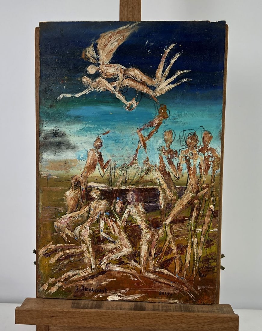 Oil painting The Savior Angel has come Vadim Aksenov: Title: Oil painting The Savior Angel has come Vadim Aksenov Description: NoAAA5015The oil painting on hardboard titled "The Savior Angel has come" is a deeply emotional and symbolically charged