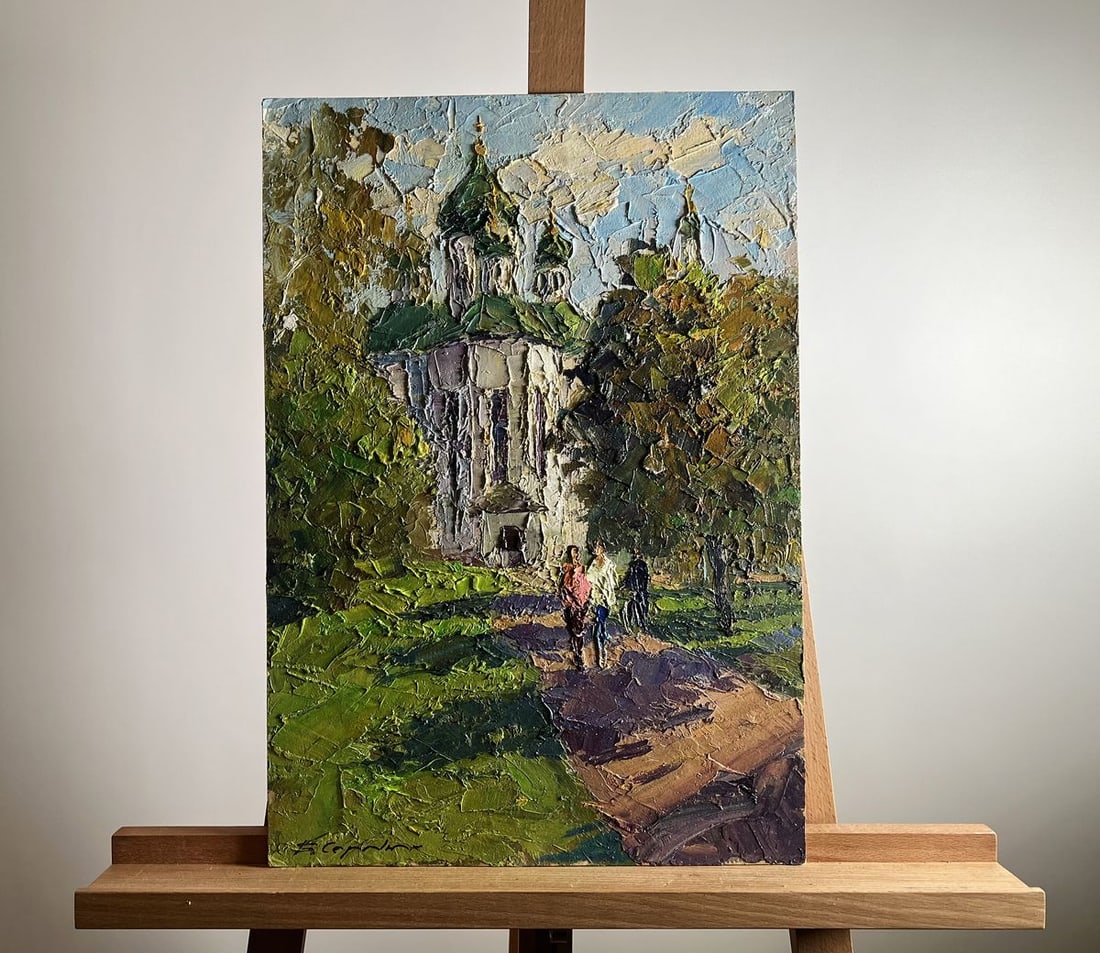 Oil painting Morning near the temple Boris Serdyuk: Title: Oil painting Morning near the temple Boris Serdyuk Description: NoAAA3755The oil painting on cardboard, titled "Morning Near the Temple", captures a serene and sunlit moment in a peaceful setti