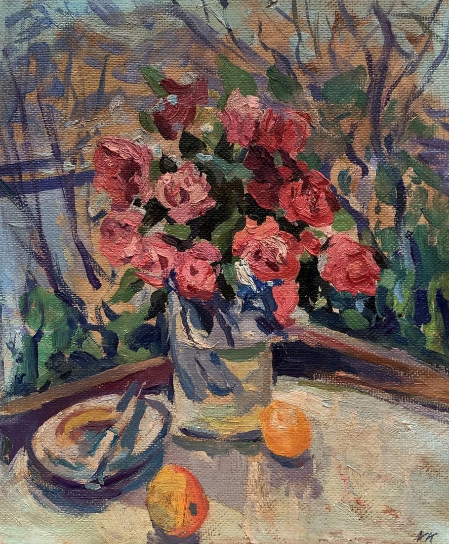Oil painting A gift of red roses Unknown artist (1 of 10)