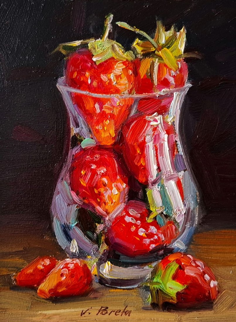 Oil painting Still life with strawberries Pereta Vyacheslav: Title: Oil painting Still life with strawberries Pereta Vyacheslav Description: NoTep 149The oil painting on hardboard titled "Still Life with Strawberries" is a vivid and sensuous celebration of