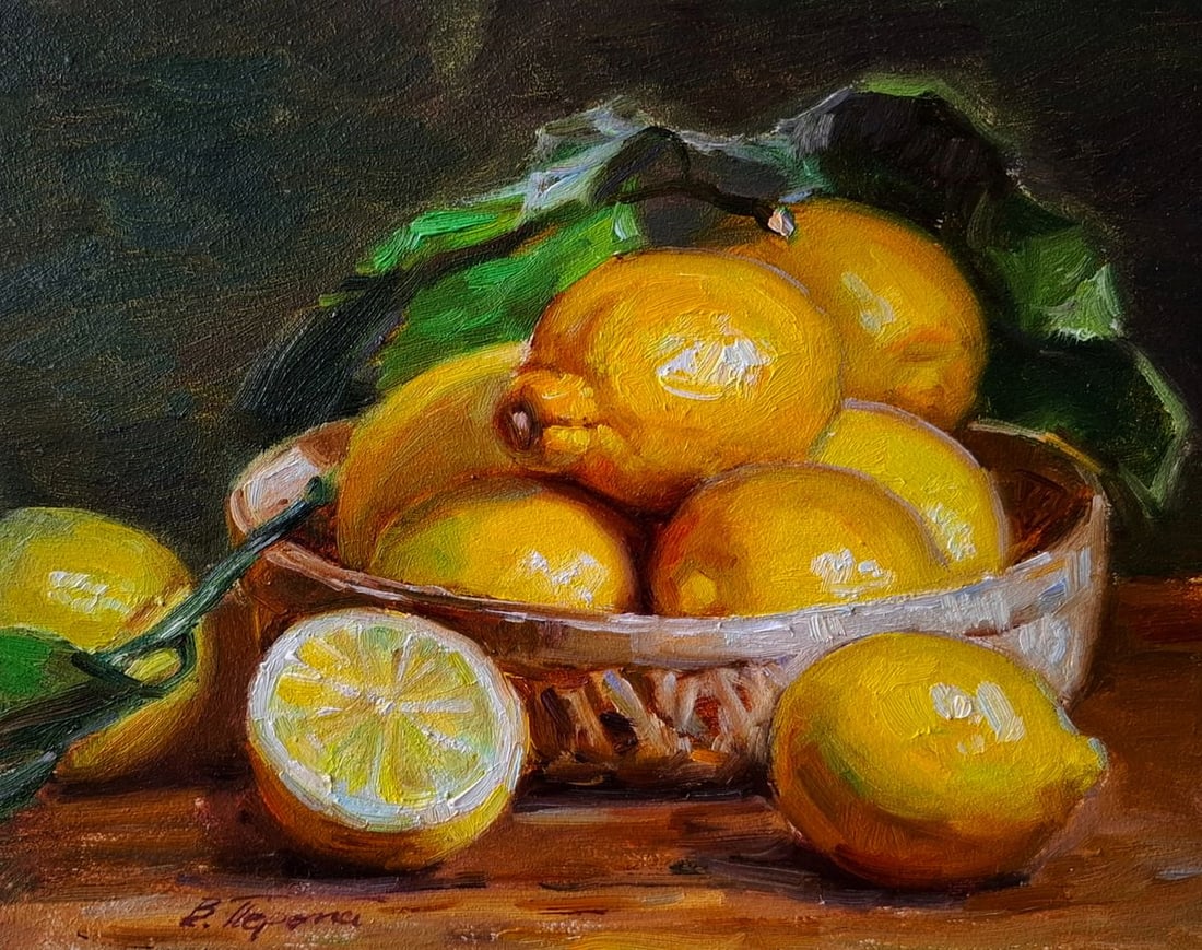 Oil painting Still life with lemons Pereta Vyacheslav: Title: Oil painting Still life with lemons Pereta Vyacheslav Description: NoTep 154The oil painting on hardboard titled "Still life with Lemons" captures the timeless elegance and quiet richness of a 