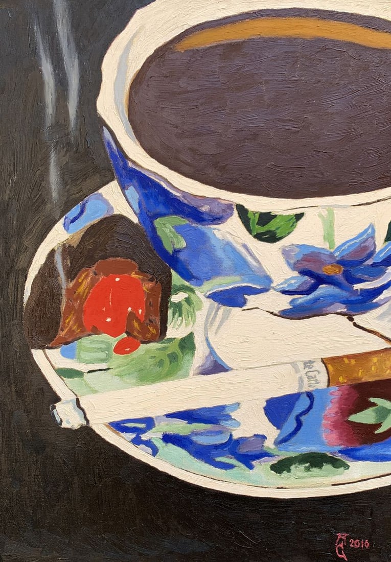 Oil painting Tea and cigarette Oleksandr Gukalov: Title: Oil painting Tea and cigarette Oleksandr Gukalov Description: NoAAA3500The painting titled "Tea and Cigarette", created in oil on canvas, offers a striking and intimate depiction of a quiet,