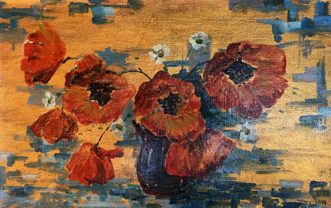 Oil painting Scarlet Melody Dmitry Arkadyev: Title: Oil painting Scarlet Melody Dmitry Arkadyev Description: NoAAA3587The painting titled "Scarlet Melody" is a vibrant oil on canvas that captures the fleeting beauty of red poppies in full