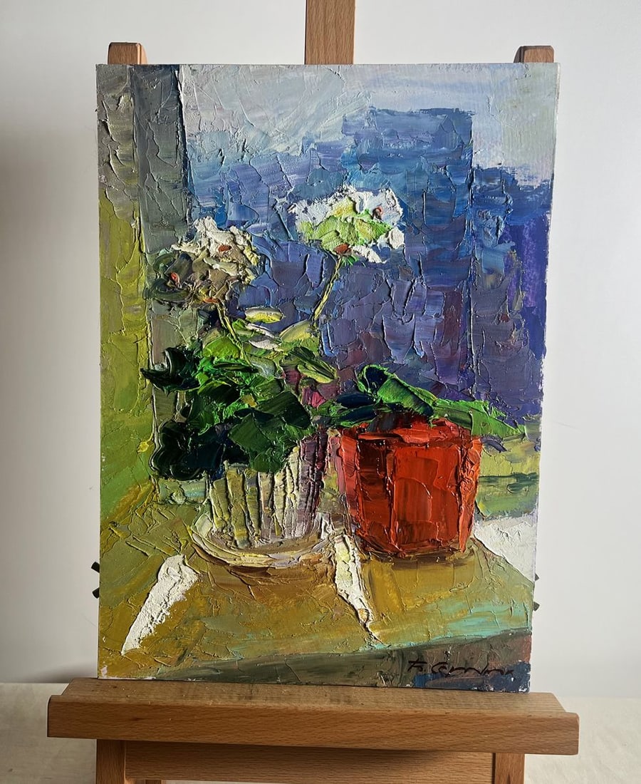 Oil painting Flowers on the windowsill Boris Serdyuk: Title: Oil painting Flowers on the windowsill Boris Serdyuk Description: NoAAA3722The oil painting on cardboard, titled "Flowers on the Windowsill", captures a serene and intimate moment of everyday
