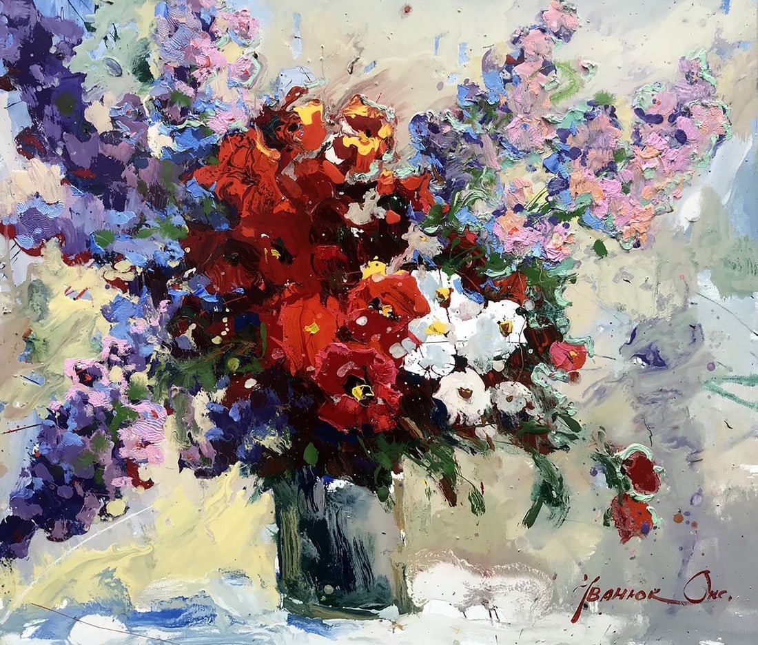 Oil painting Morning flowers Kalenyuk Oksana: Title: Oil painting Morning flowers Kalenyuk Oksana Description: NoKalen 1120"Morning Flowers" is an exquisite oil painting that captures the enchanting beauty of a bountiful still life arrangement. T