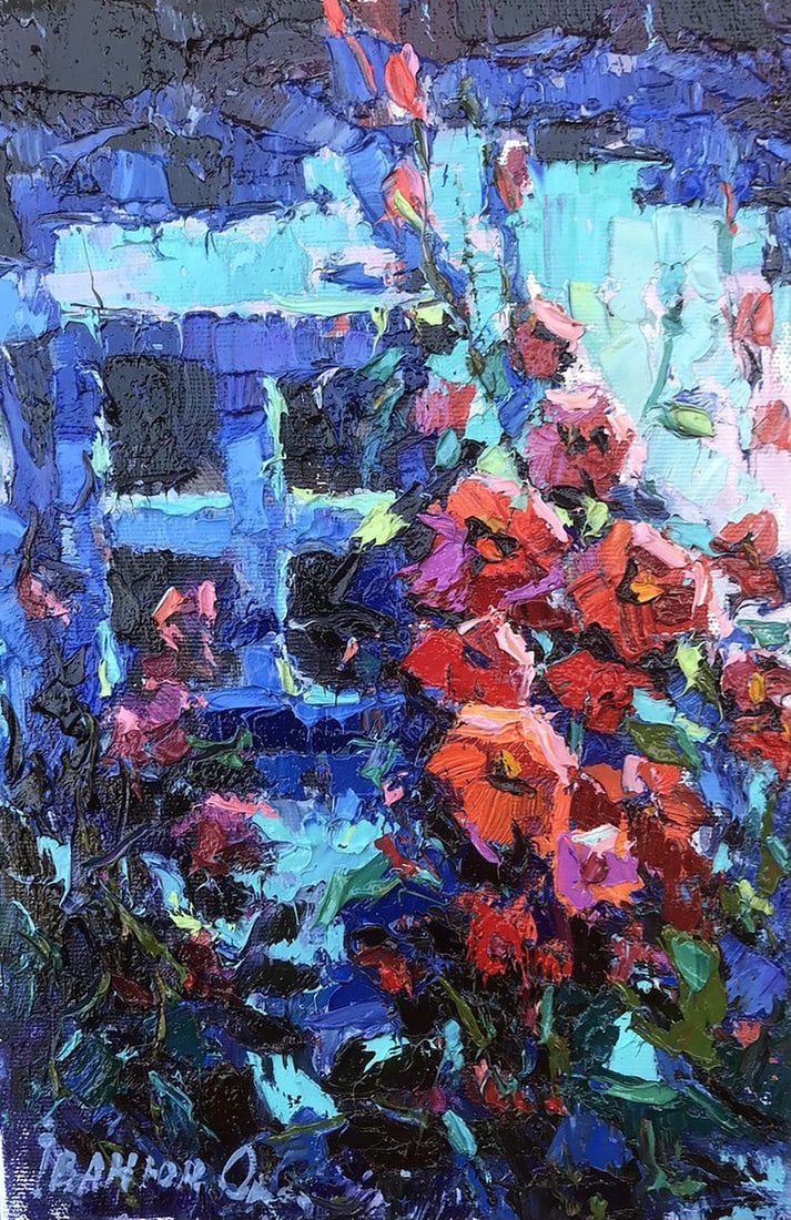 Oil painting Evening Kalenyuk Oksana: Title: Oil painting Evening Kalenyuk Oksana Description: NoKalen 1134"Evening" is a captivating oil painting that transports viewers to a tranquil and mysterious garden scene. The canvas is adorned