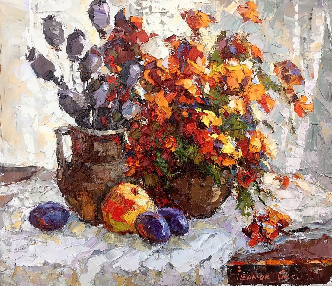 Oil painting Still life of Makovia Kalenyuk Oksana: Title: Oil painting Still life of Makovia Kalenyuk Oksana Description: NoKalen 1143"Still Life by Makovia" is a captivating oil painting that transports viewers into a world of vibrant color and