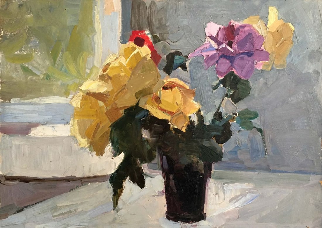 Oil painting Flowers Alishevich: Title: Oil painting Flowers Alishevich Description: NoVerns 119 *** ABOUT THIS PAINTING *** * TITLE: "Flowers" * ARTISTS: Alishevich * SIZE: 50x70 cm/'19.68x27.55 inches' * MEDIUM: oil, cardboard * HA