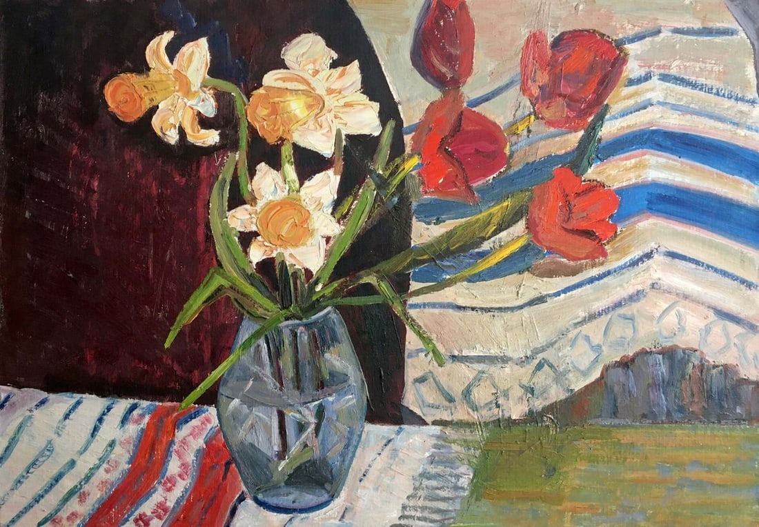 Oil painting Flowers on the table Les' T. S.: Title: Oil painting Flowers on the table Les' T. S. Description: NoVerns 120 *** ABOUT THIS PAINTING *** * TITLE: "Flowers on the table" * ARTISTS: Les' T. S. * SIZE: 49.7x69.7 cm/'19.56x27.44 inches'